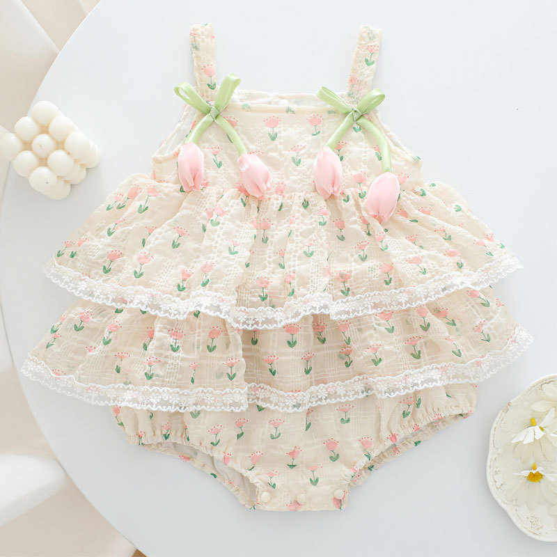 Newborn Baby Girl Romper Floral - 2026 رومبر بناتي صيفي بحمالات بتصميم