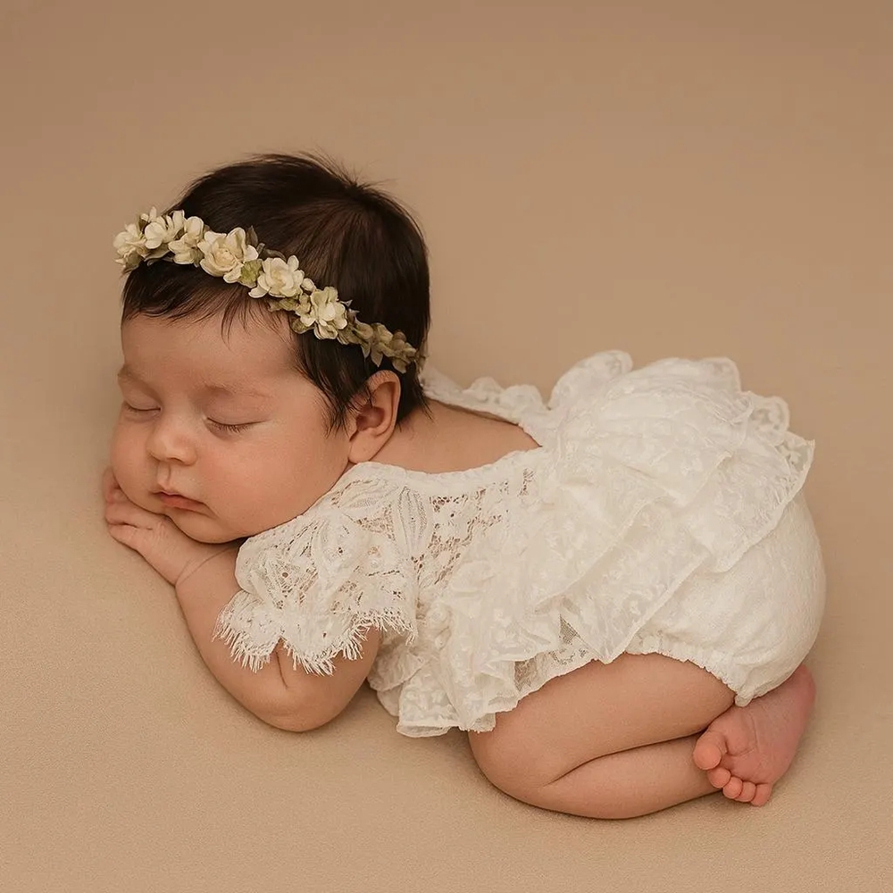 Newborn Baby Girl Romper Floral - ملابس تصوير للمواليد الجدد، فستان أبيض
