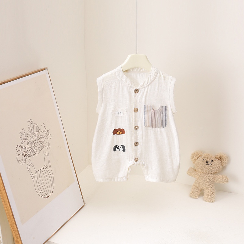 Baby Summer Linen Sleeveless Jumpsuit - رومبير أطفال صيفي 2026 بطبعة دب