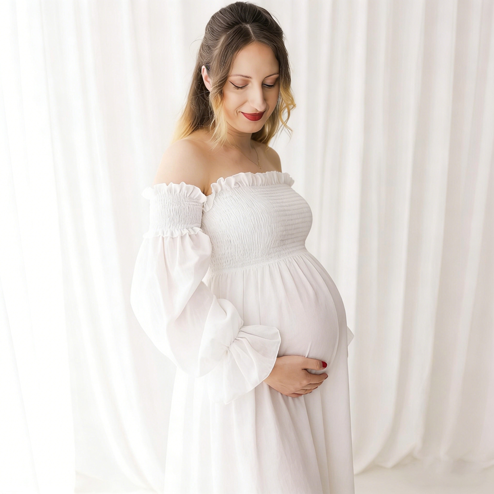 Maternity Wear - فستان تصوير للحوامل أبيض مكشوف الأكتاف
