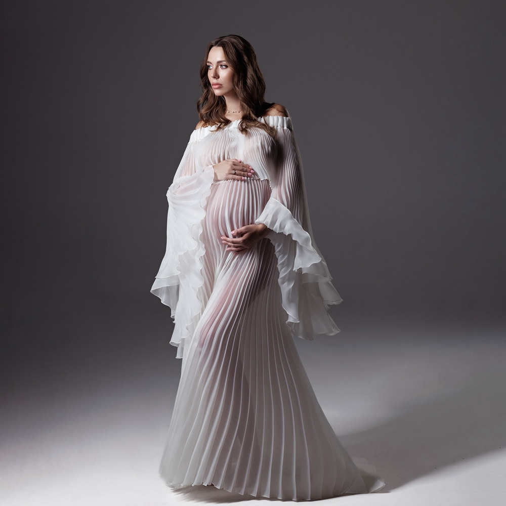 Maternity Wear - فساتين تصوير للحوامل مطوية بيضاء من